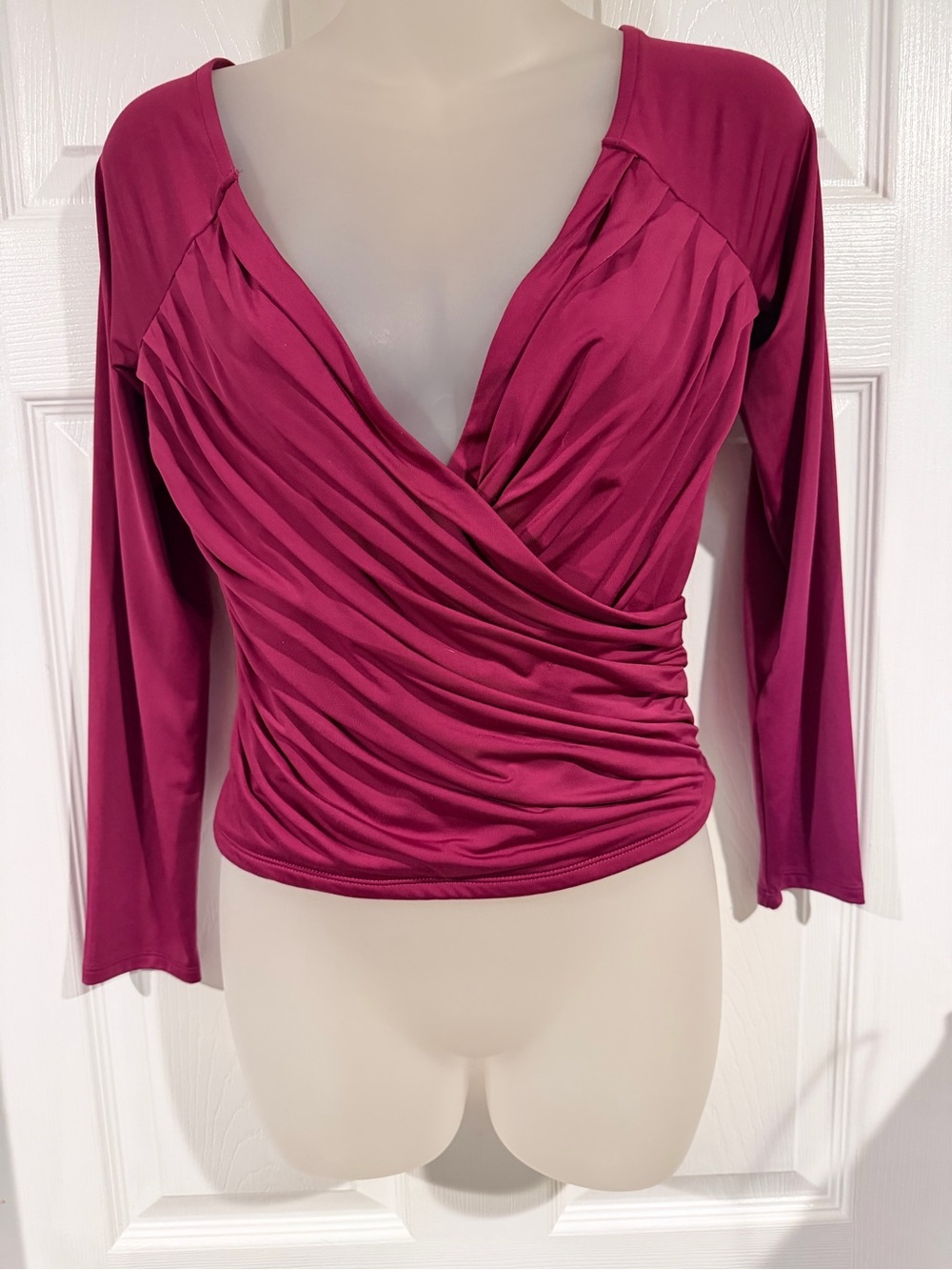 Express Fuchsia Draped Wrap-Front Long Sleeve Top